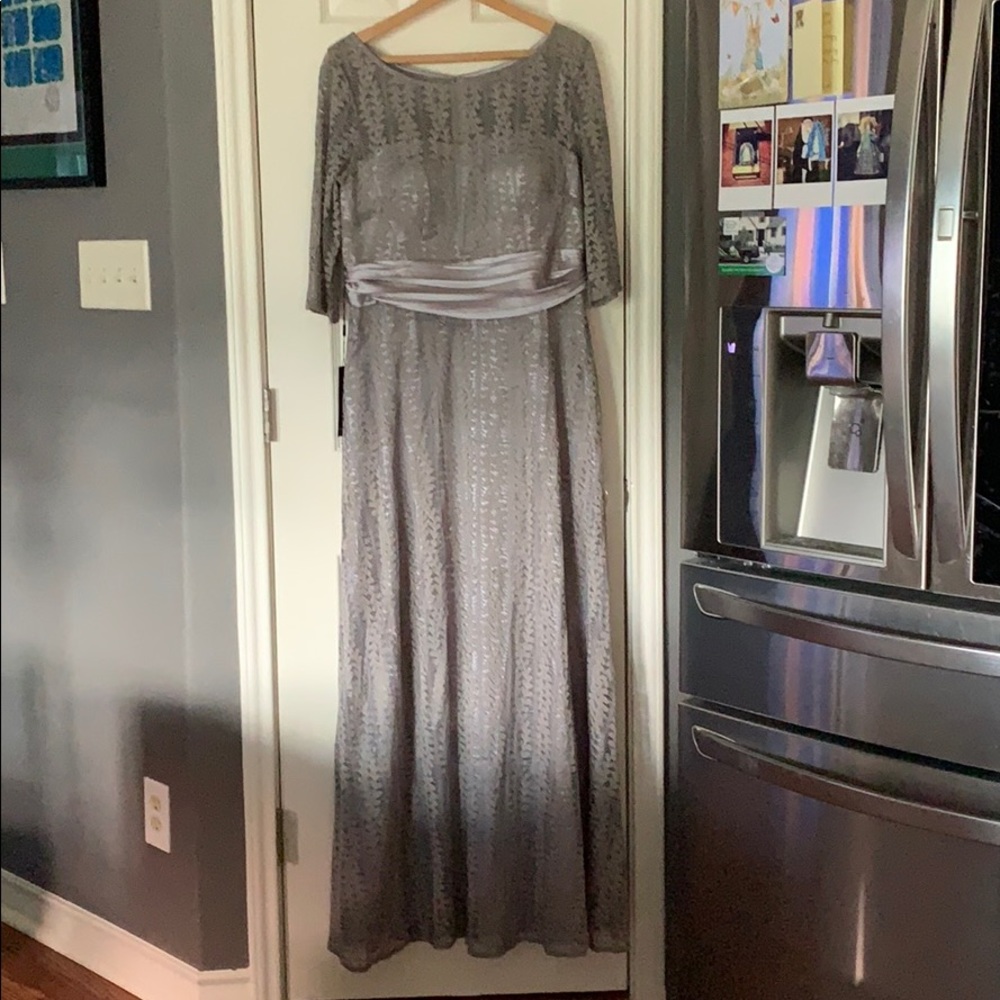 Grey Lace Full Length Formal Empire Waist Lined